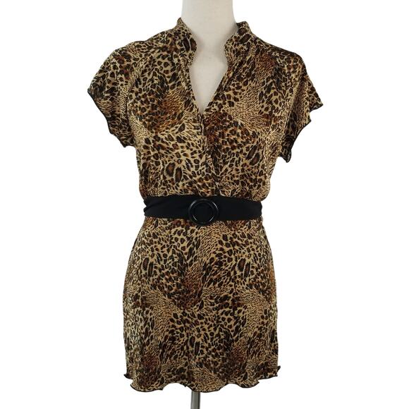 Brittany Brown Black Gold Animal Print Vintage Pleated Tunic Top Tie Waist M - Picture 1 of 4
